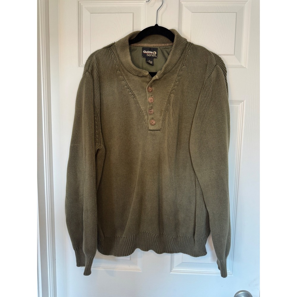 Guide Series Mens XL Green Ribbed Knit Cotton Henley Pullover Sweater Mock Neck